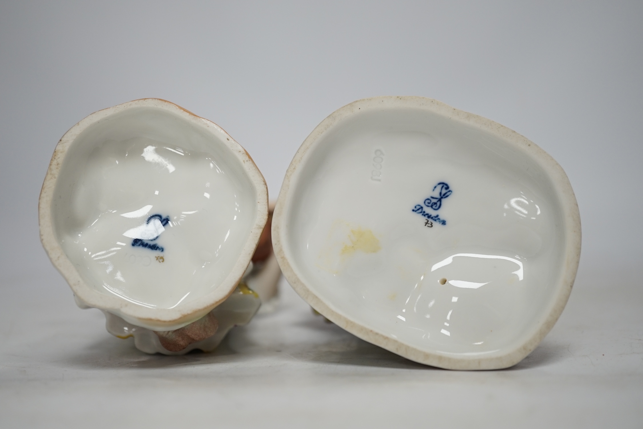 Two Dresden porcelain figures, tallest 19cm. Condition - fair to good